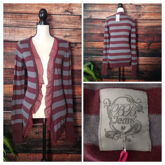 NWT BB Jeans Cardigan Sweater Size Medium Open Ruffle Front Lightweight Striped - Picture 1 of 11